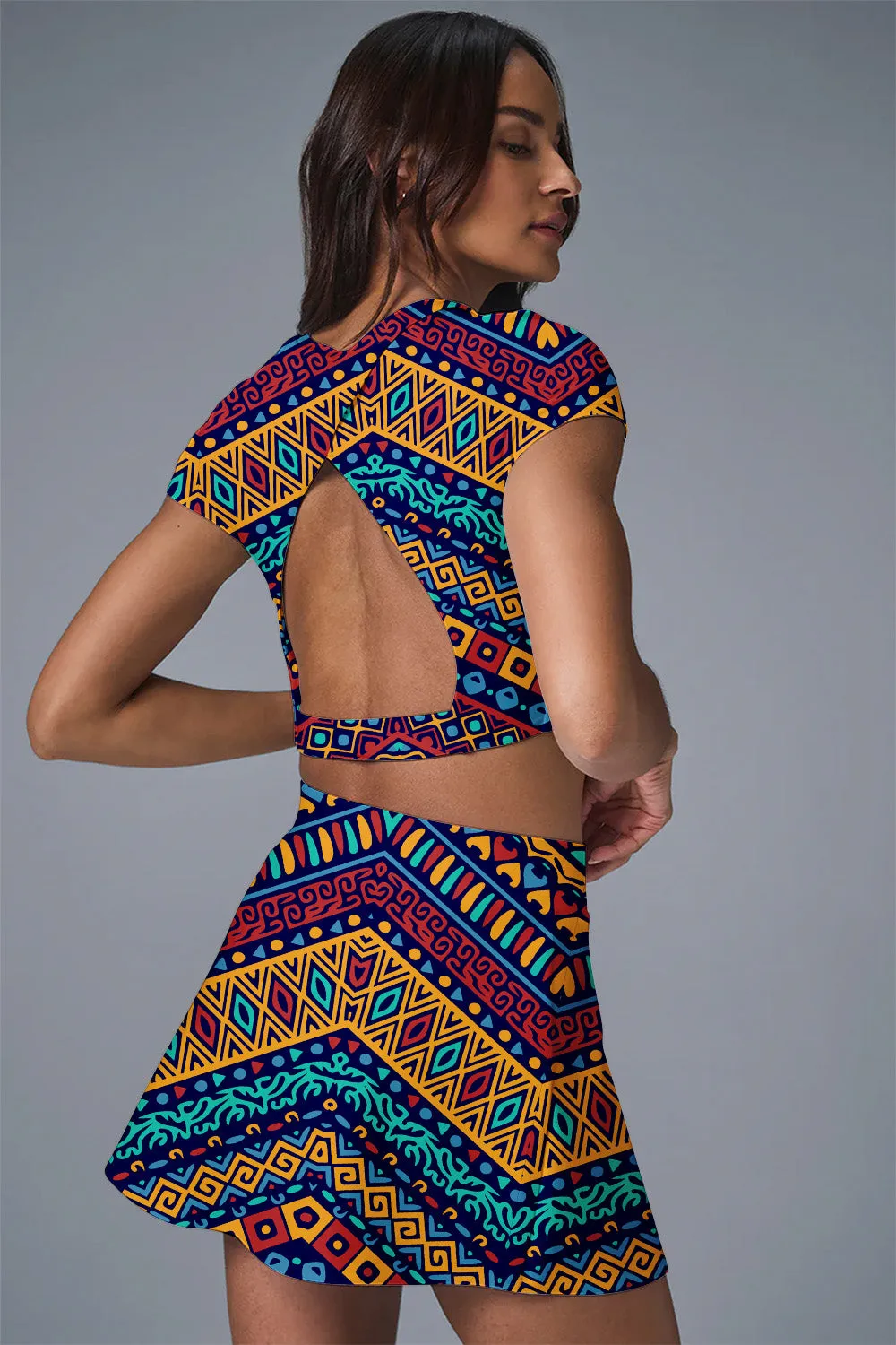 Aztec Motion Set – Tribal-Inspired Crop Top & Skort for Active Sports