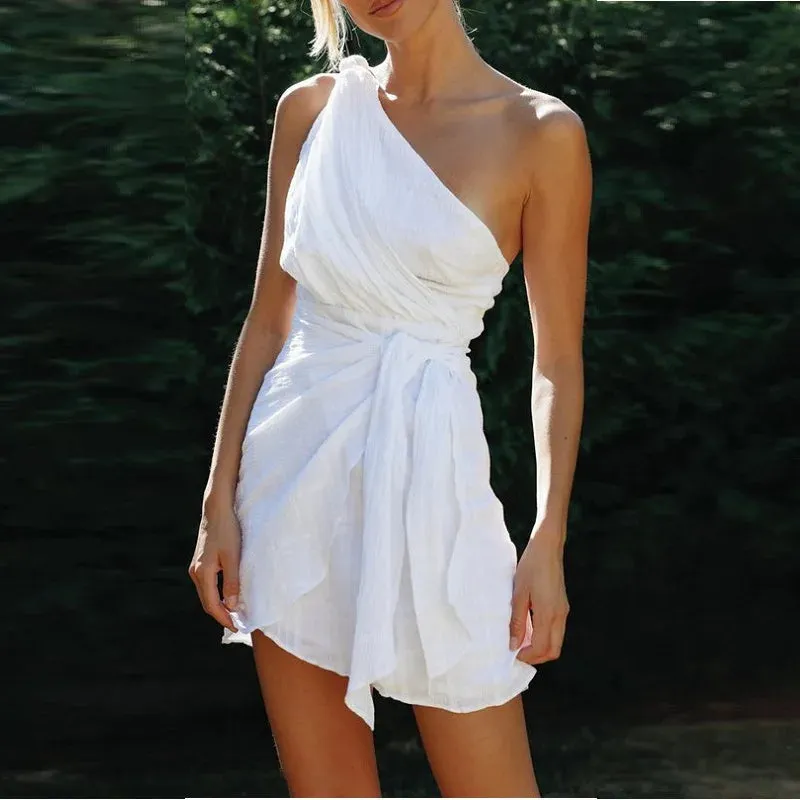 Backless Summer Women's 2024 Slant Neck Zipper Solid High Waist Lace up Irregular Hem Mini Dress