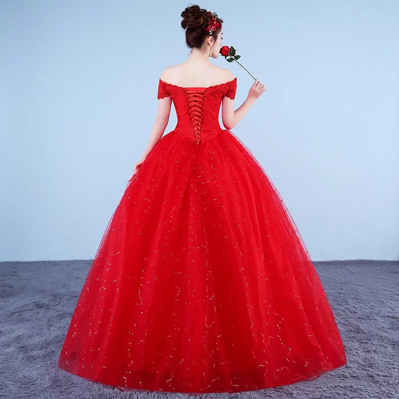 Ball Gown Lace Up Long Red White Wedding Dress Plus Size