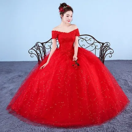 Ball Gown Lace Up Long Red White Wedding Dress Plus Size