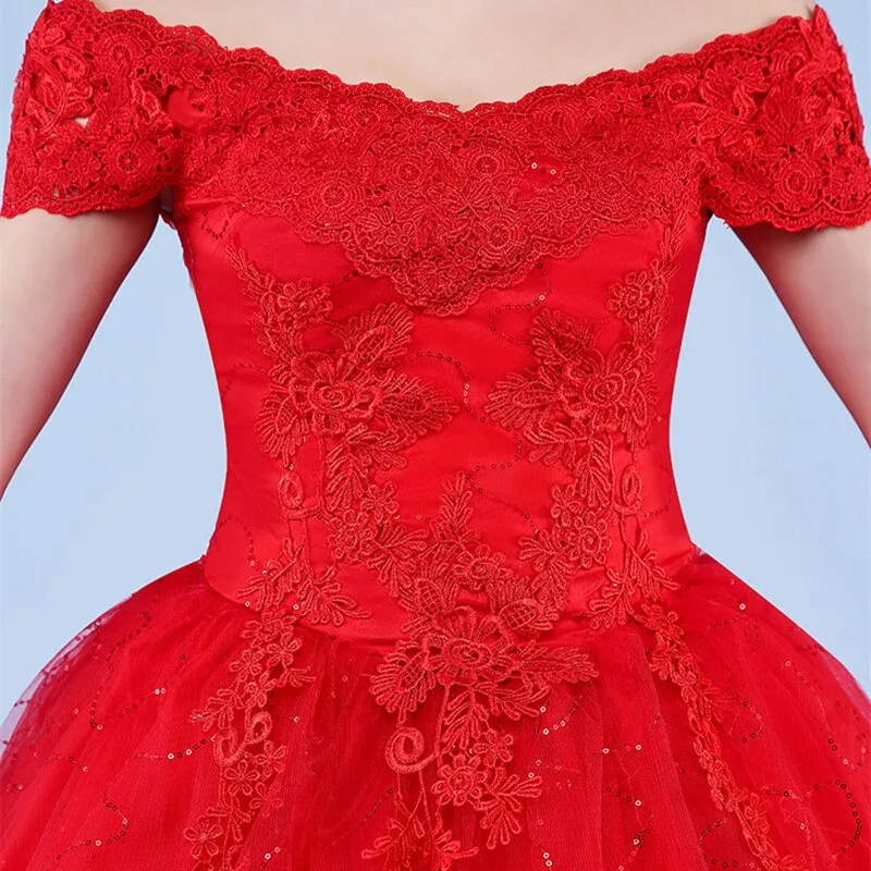Ball Gown Lace Up Long Red White Wedding Dress Plus Size