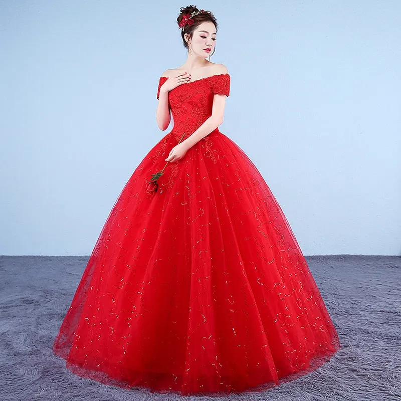 Ball Gown Lace Up Long Red White Wedding Dress Plus Size