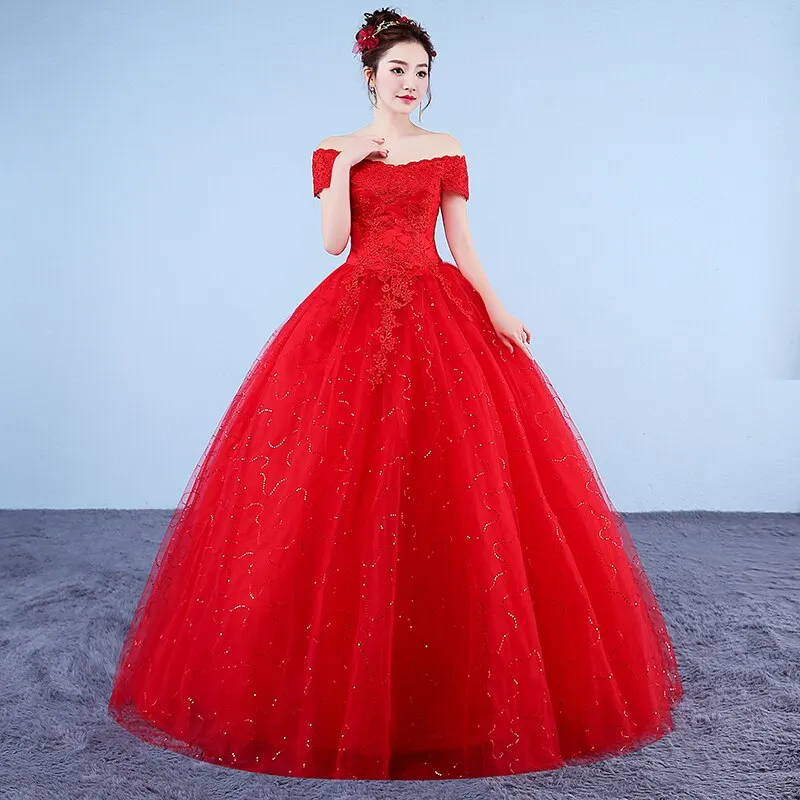 Ball Gown Lace Up Long Red White Wedding Dress Plus Size