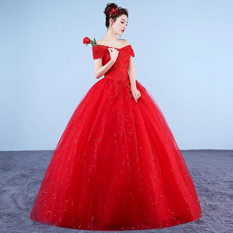 Ball Gown Lace Up Long Red White Wedding Dress Plus Size