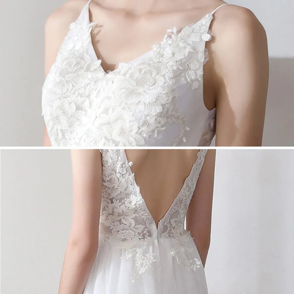 Ballet Spaghetti Straps V Cut Lace Appliqués Tulle Short Bridal Dress