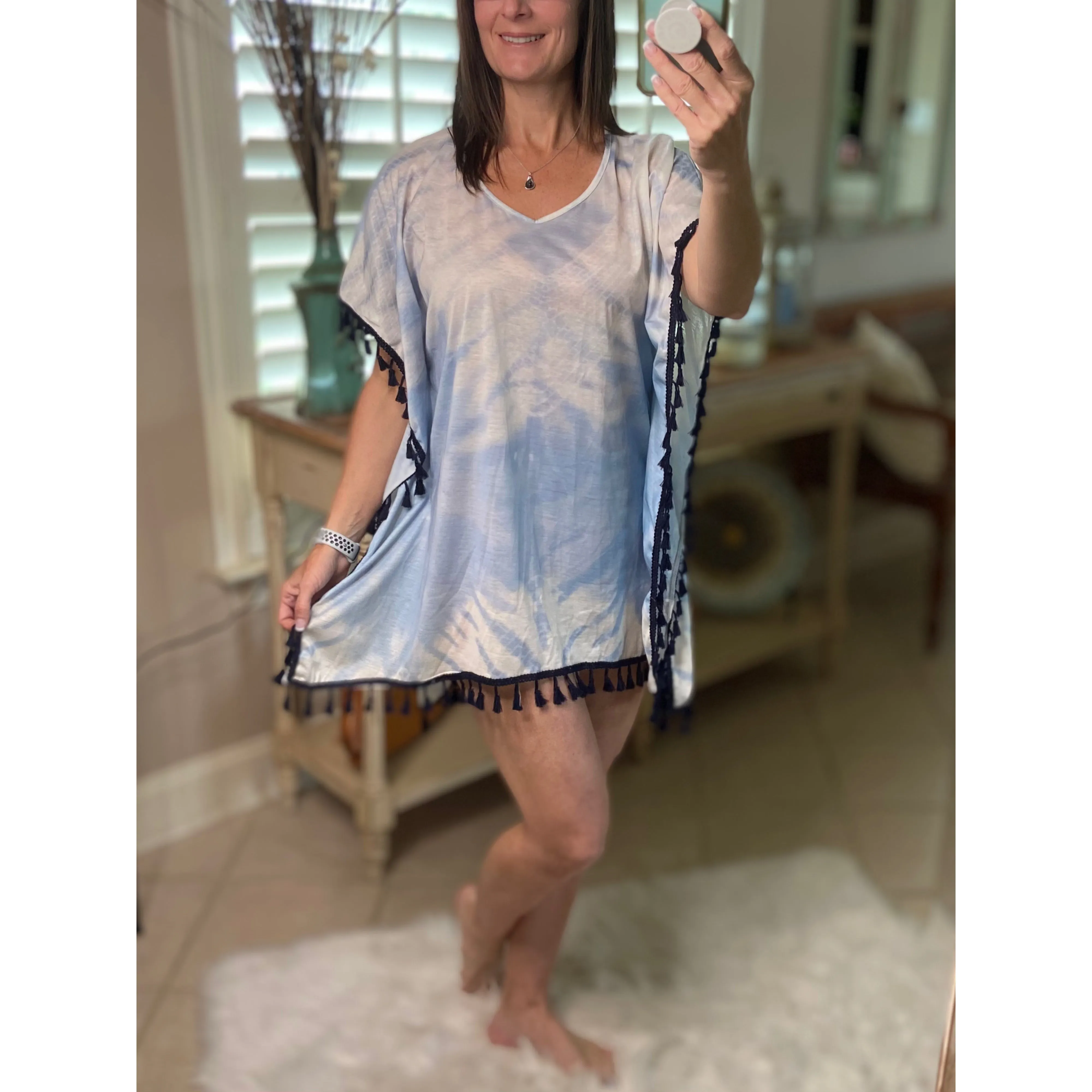 “Beach Bound” Tie Dye Beach Cover Up Pool Chic Boho Tassel Hem Mini Vibrant Vacation Blue OS