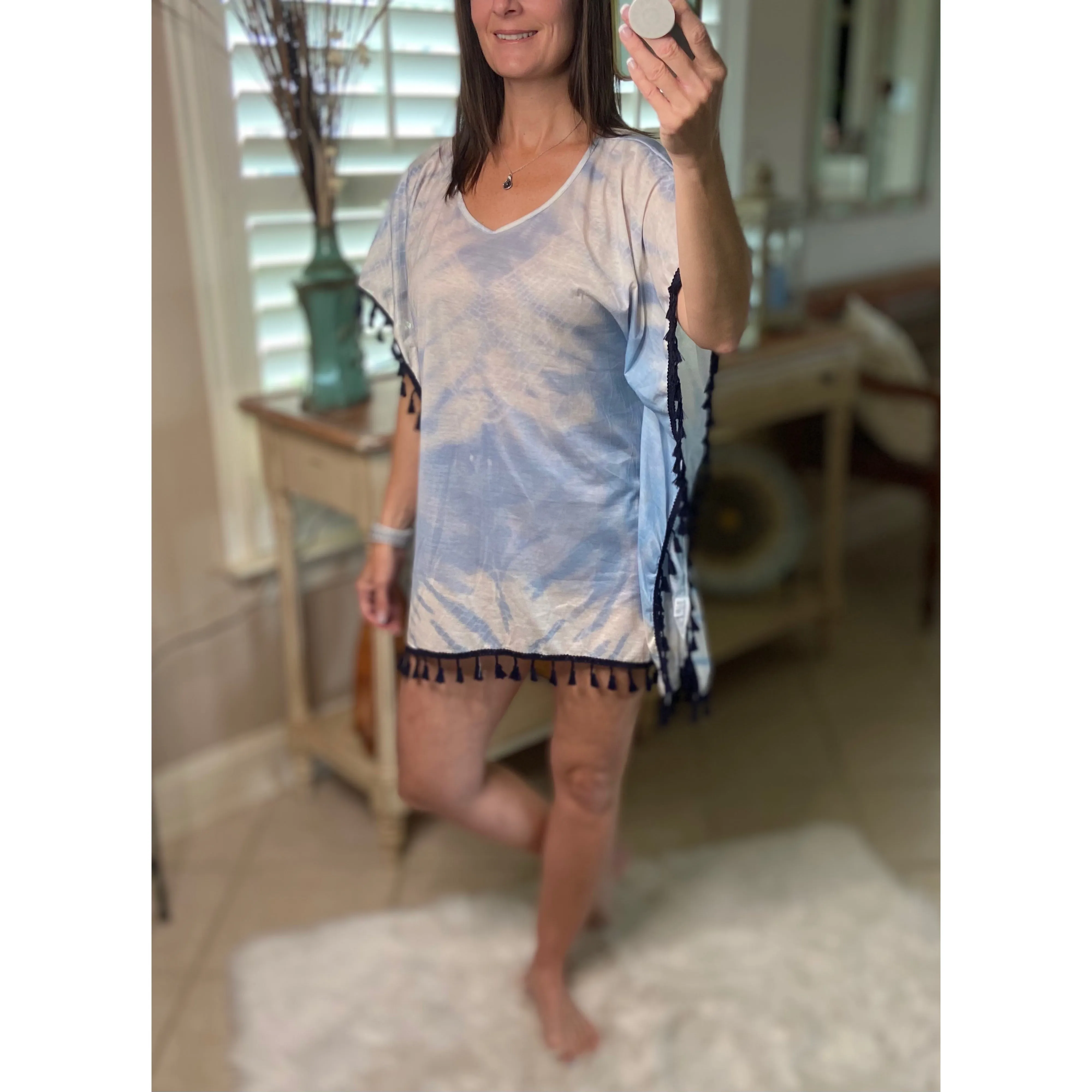 “Beach Bound” Tie Dye Beach Cover Up Pool Chic Boho Tassel Hem Mini Vibrant Vacation Blue OS