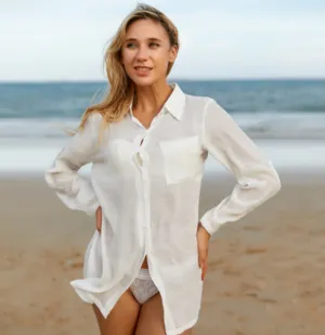 Beach Bunny Swimwear Long Shirt Cover Up- white