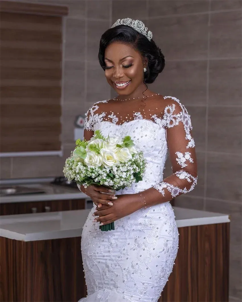 Beading Mermaid Wedding Dress Long Sleeve Appliques