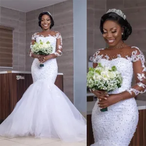 Beading Mermaid Wedding Dress Long Sleeve Appliques