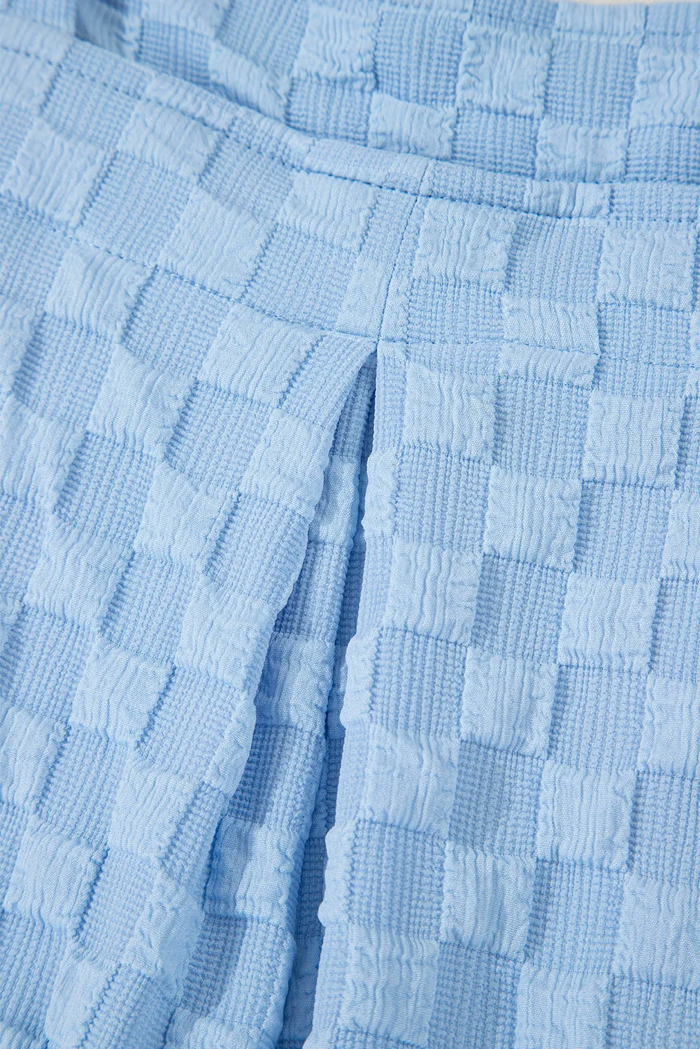 Beau Blue Checkered Pocketed High Waist Wide Leg Overall
