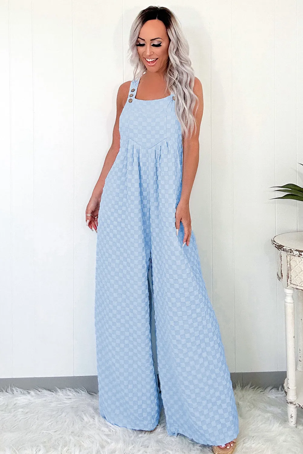 Beau Blue Checkered Pocketed High Waist Wide Leg Overall