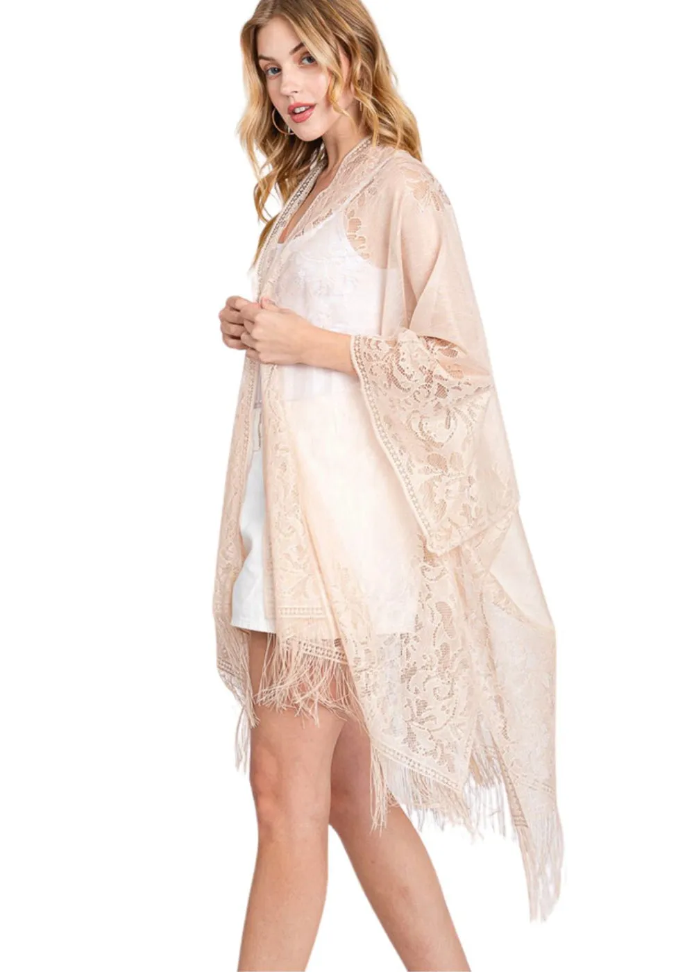 Beige Boho Lace Kimono with Fringe