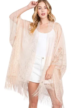 Beige Boho Lace Kimono with Fringe