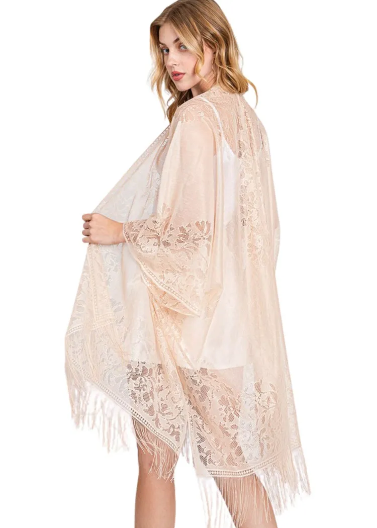 Beige Boho Lace Kimono with Fringe