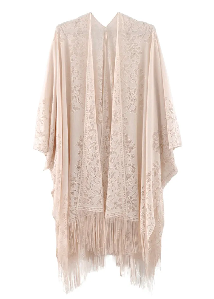 Beige Boho Lace Kimono with Fringe