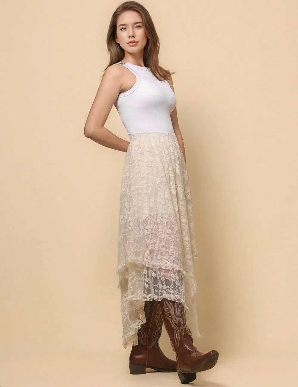 Beige Solid Color Floral Lace Layring Slip Midi Skirt