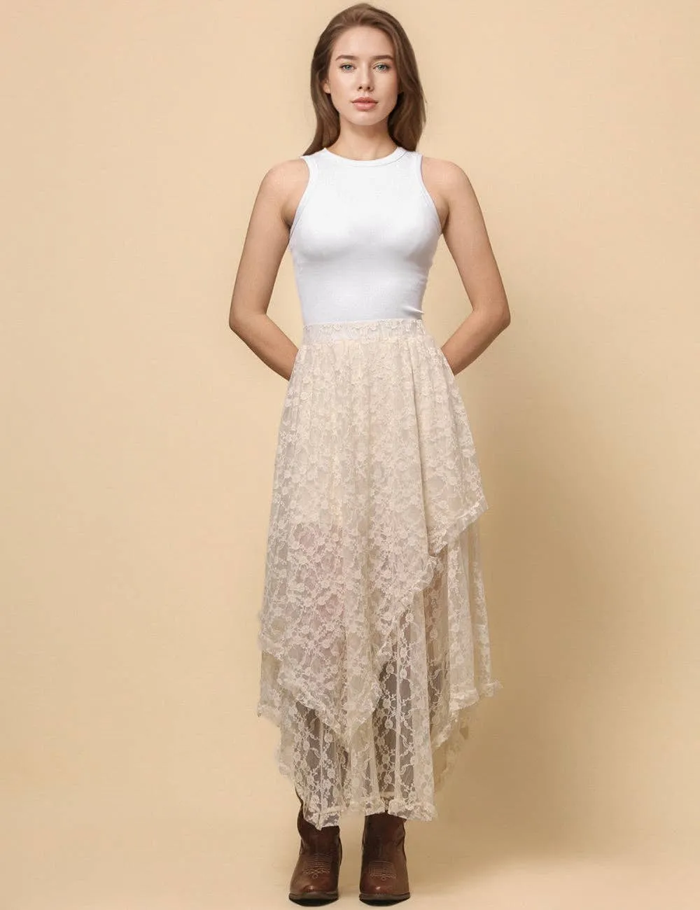Beige Solid Color Floral Lace Layring Slip Midi Skirt
