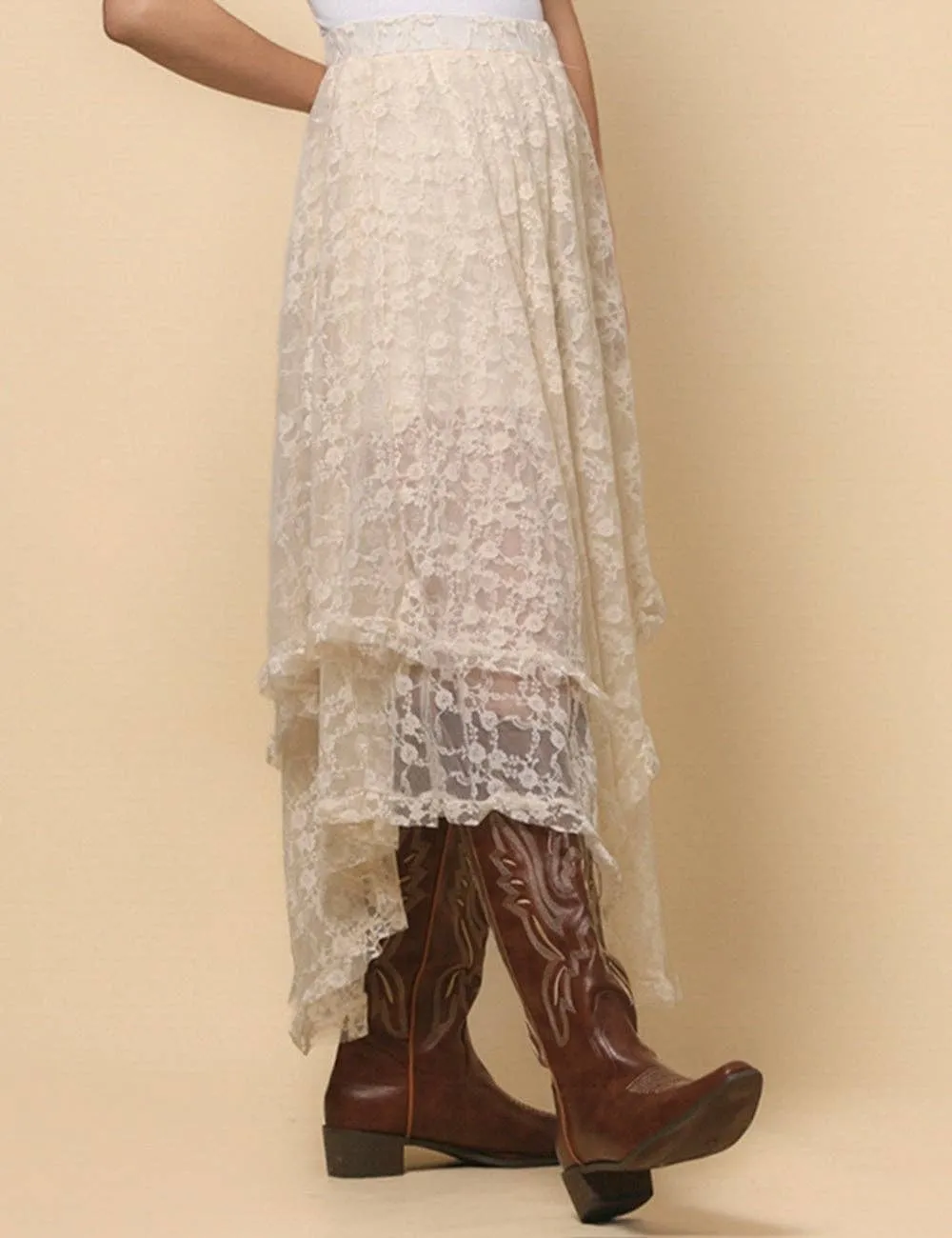 Beige Solid Color Floral Lace Layring Slip Midi Skirt