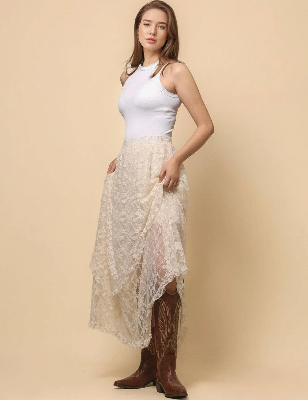 Beige Solid Color Floral Lace Layring Slip Midi Skirt