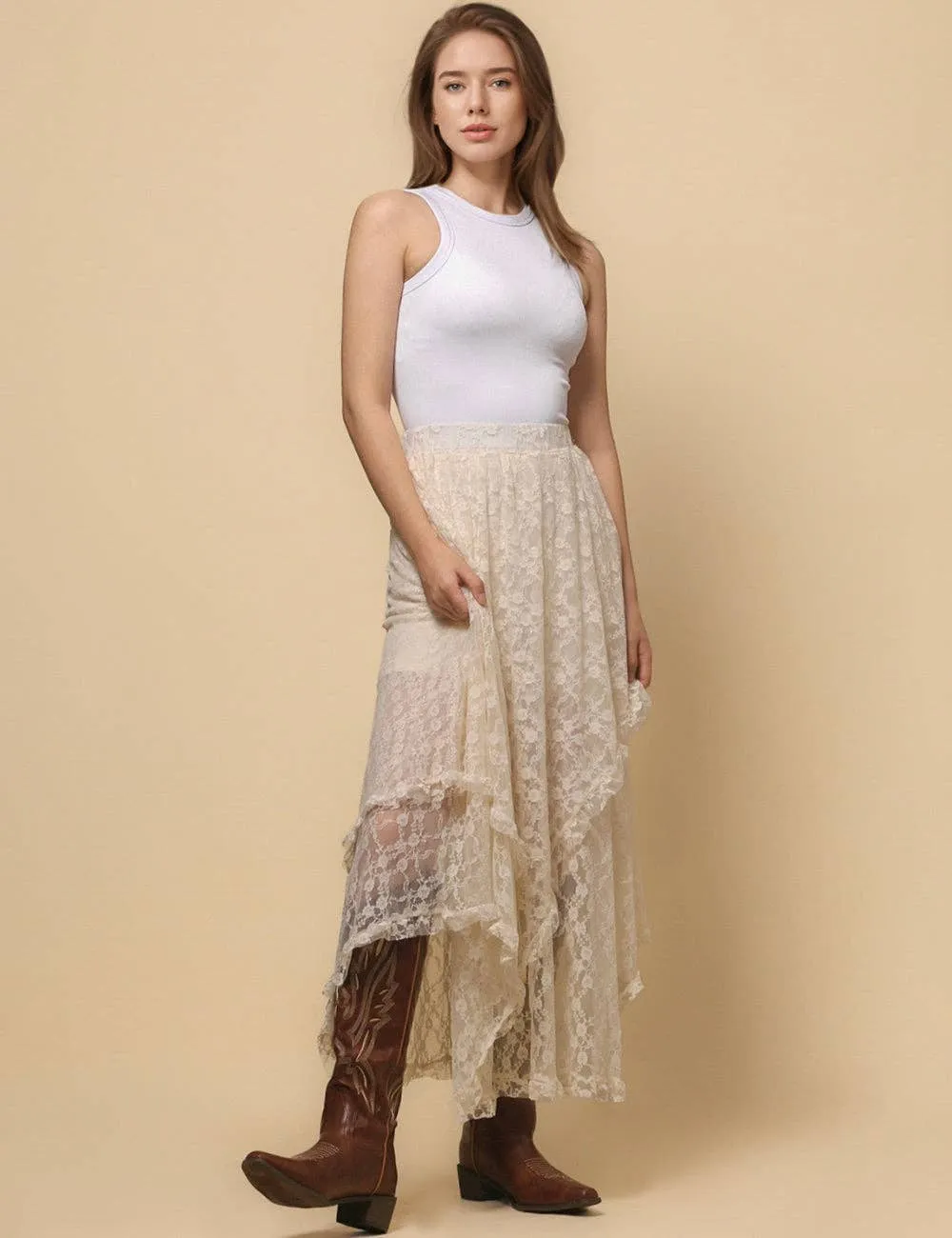 Beige Solid Color Floral Lace Layring Slip Midi Skirt