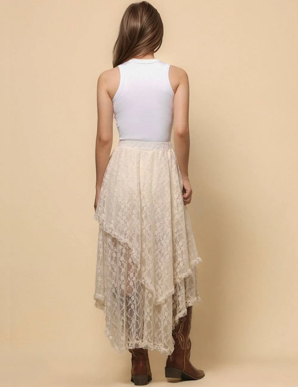 Beige Solid Color Floral Lace Layring Slip Midi Skirt