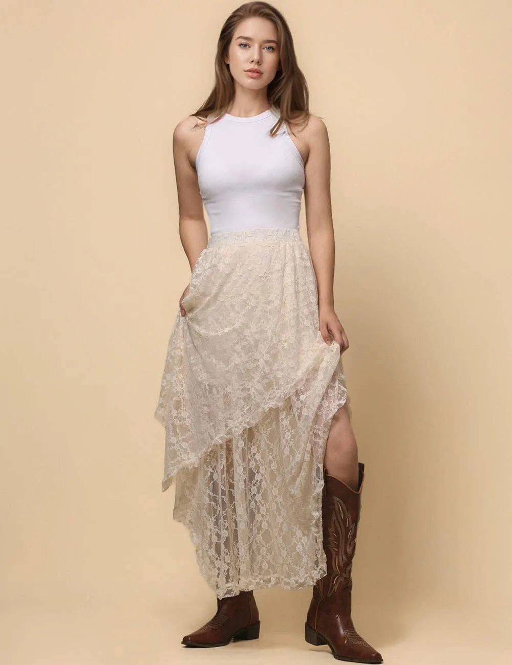 Beige Solid Color Floral Lace Layring Slip Midi Skirt