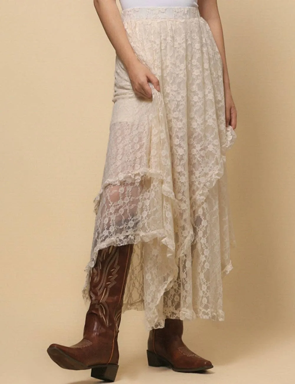 Beige Solid Color Floral Lace Layring Slip Midi Skirt