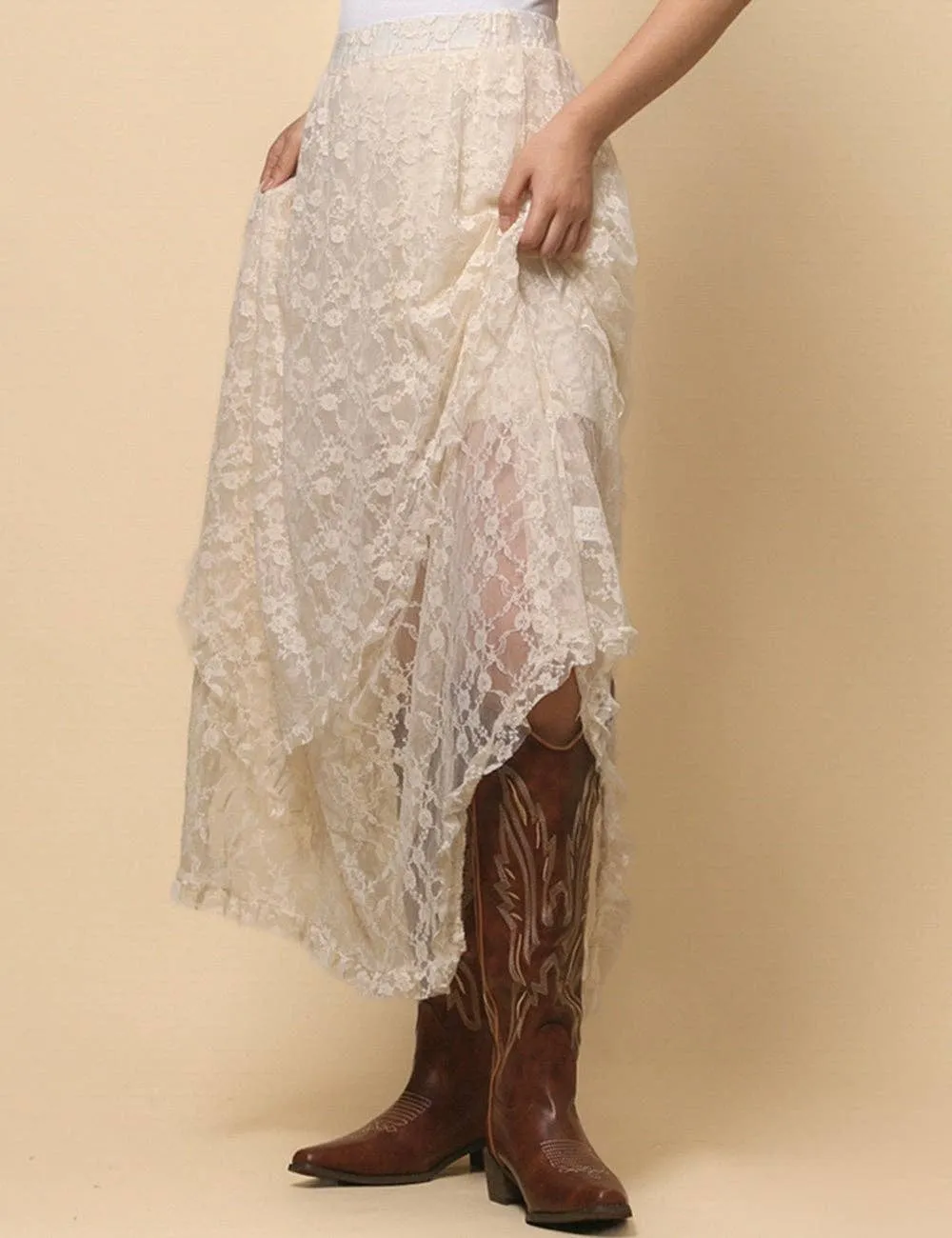 Beige Solid Color Floral Lace Layring Slip Midi Skirt