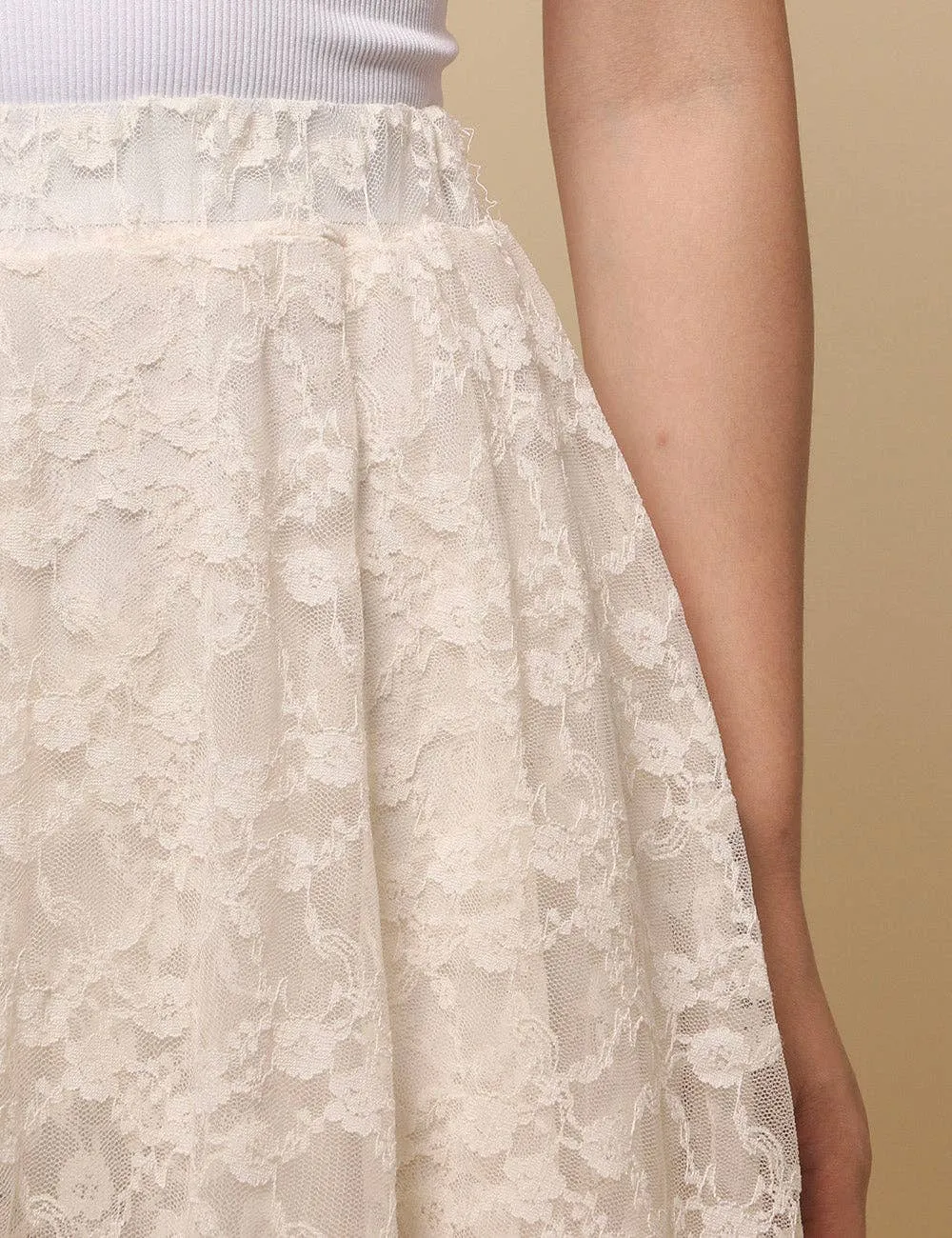 Beige Solid Color Floral Lace Layring Slip Midi Skirt