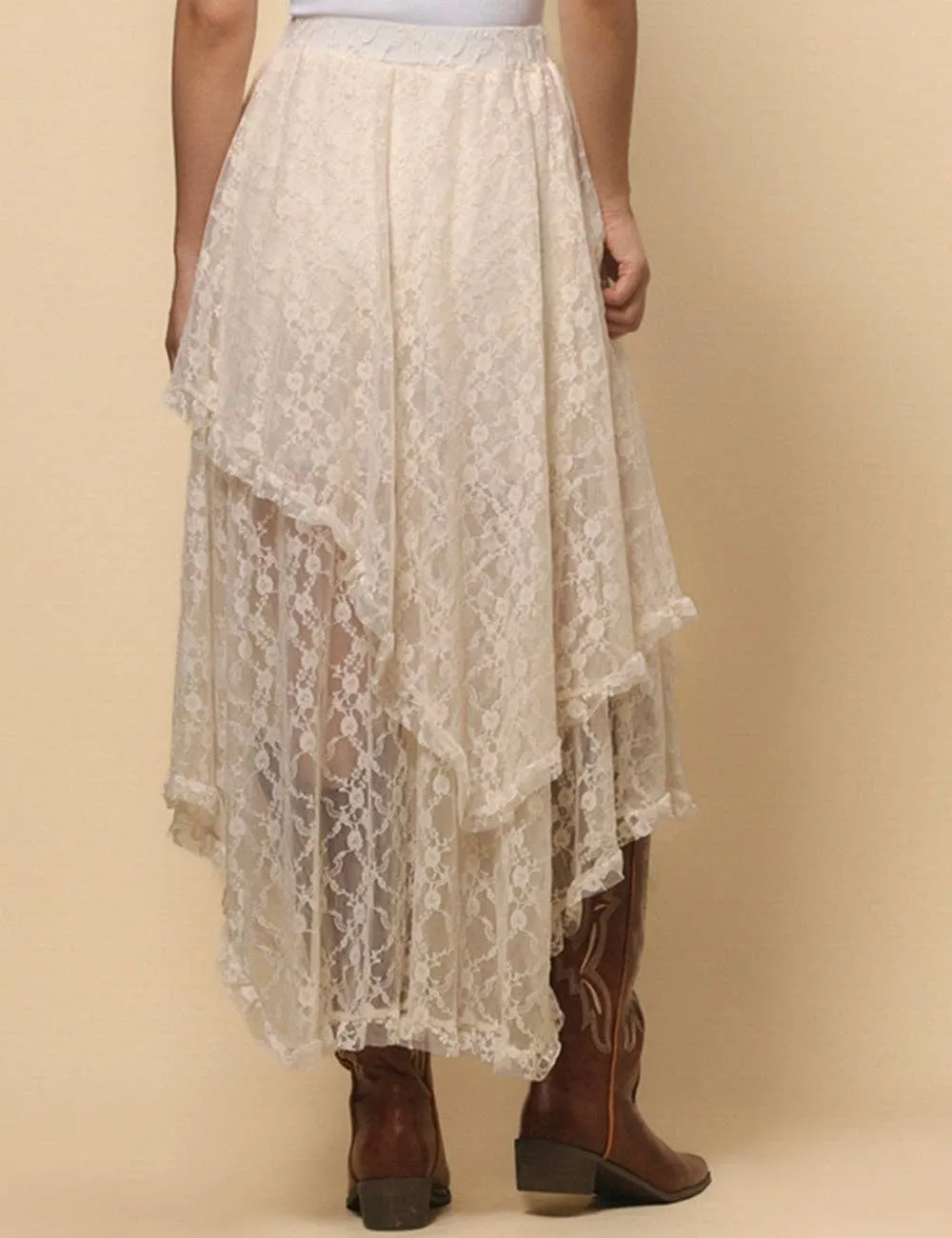 Beige Solid Color Floral Lace Layring Slip Midi Skirt