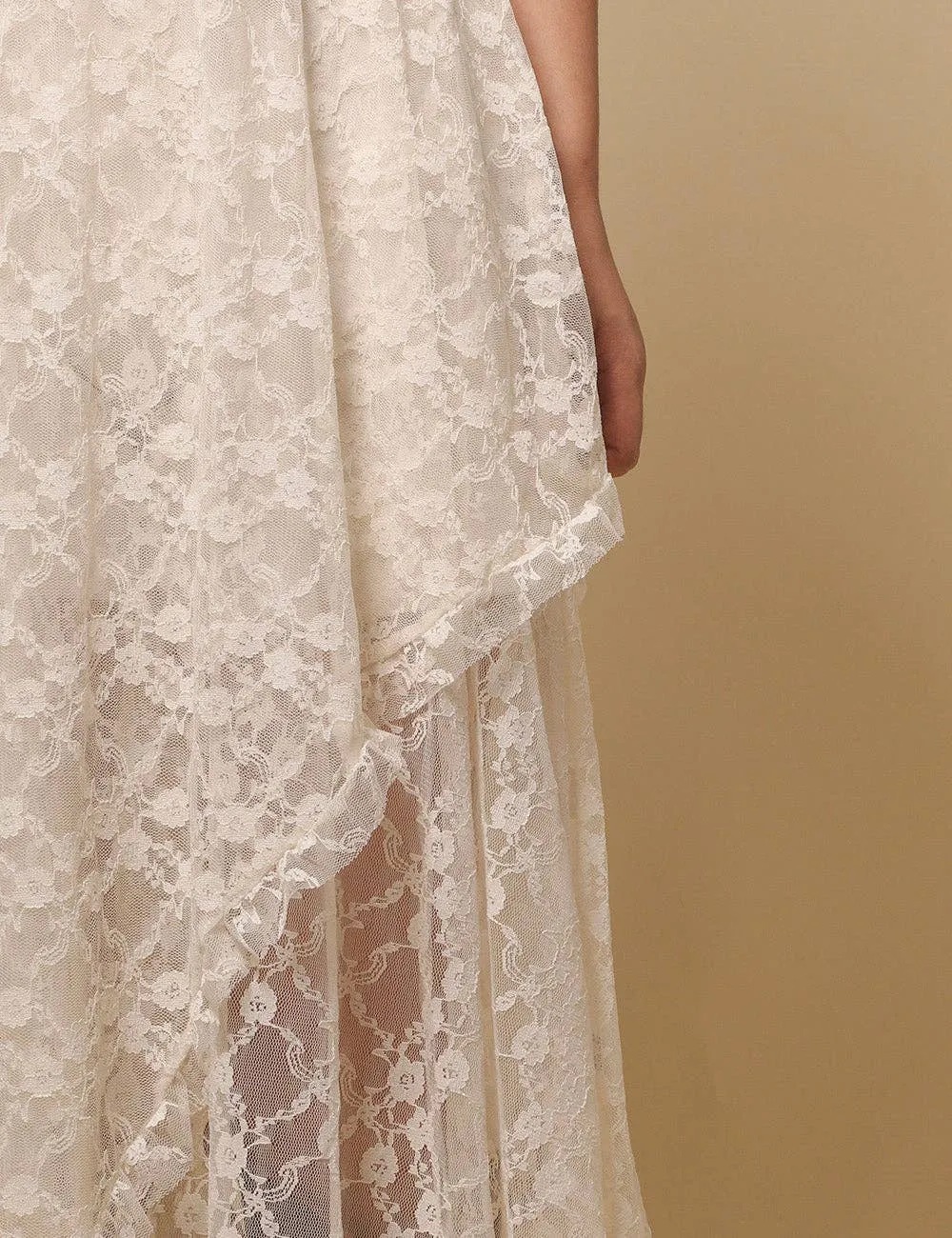 Beige Solid Color Floral Lace Layring Slip Midi Skirt