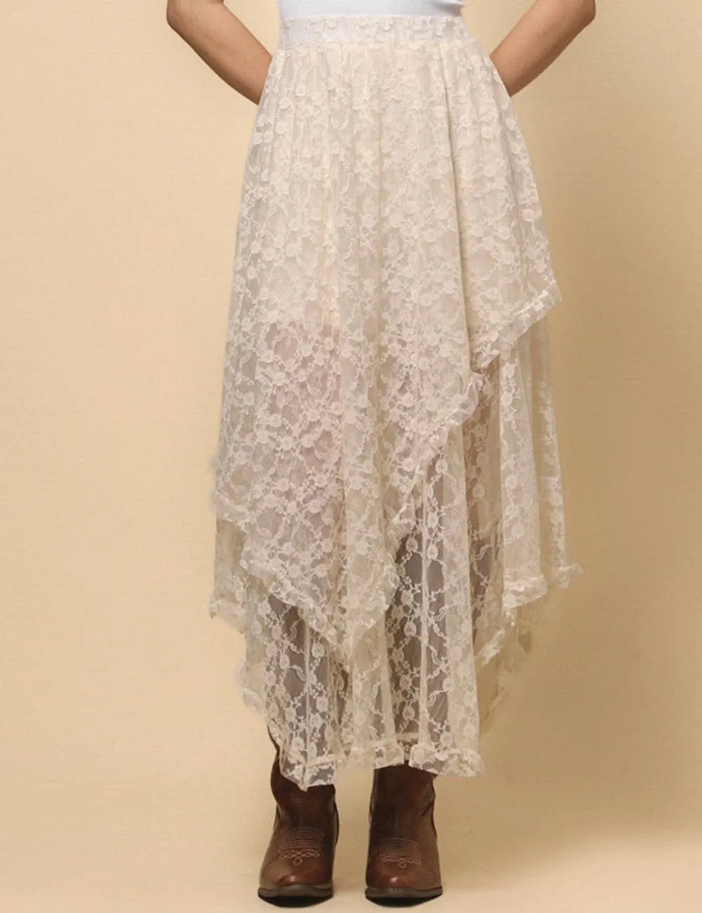 Beige Solid Color Floral Lace Layring Slip Midi Skirt