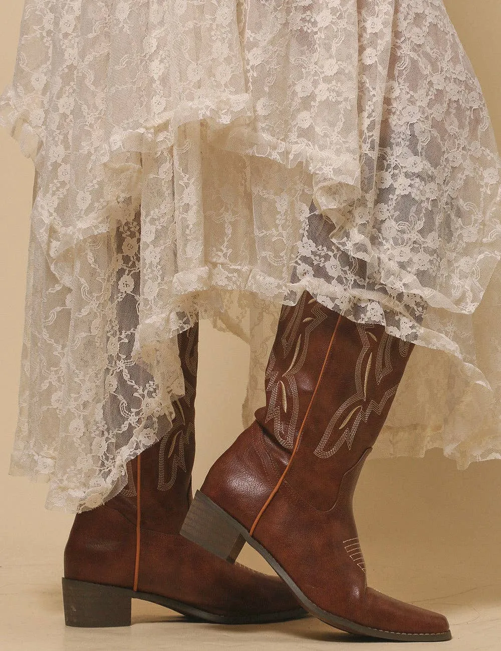 Beige Solid Color Floral Lace Layring Slip Midi Skirt