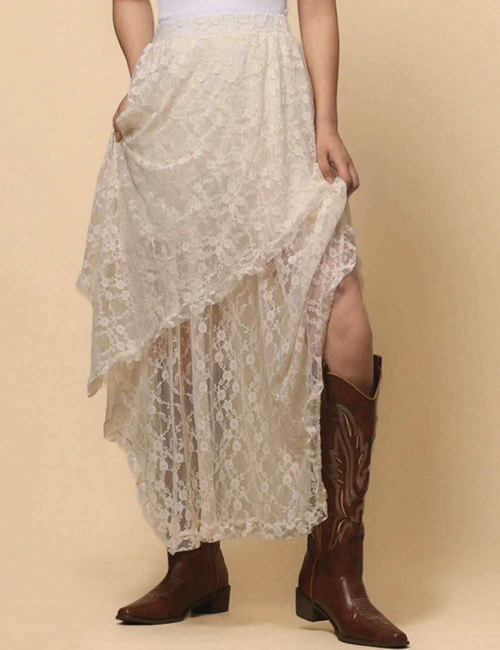 Beige Solid Color Floral Lace Layring Slip Midi Skirt