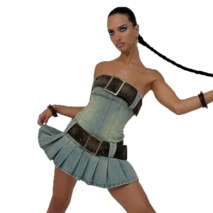 Belt Strapless Ruched Hem Denim Dress