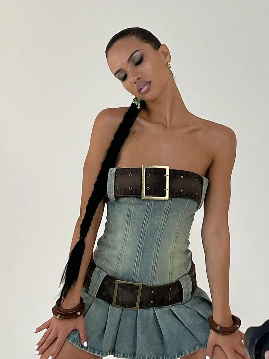 Belt Strapless Ruched Hem Denim Dress