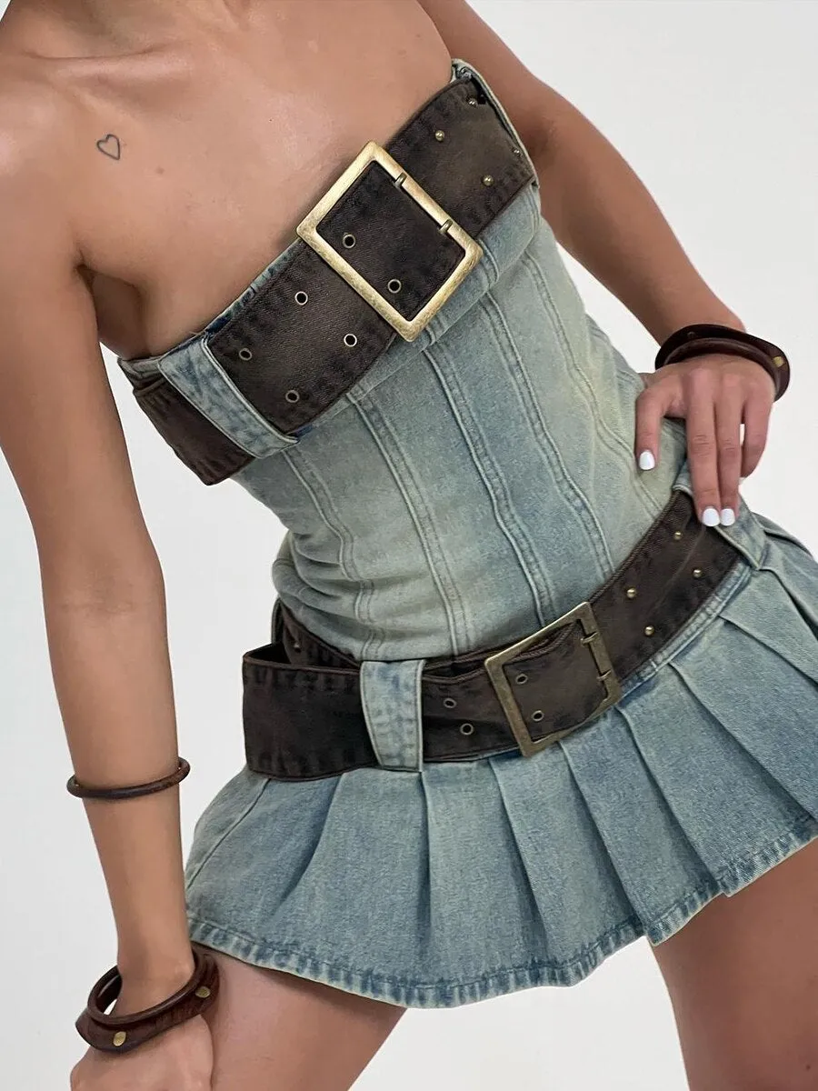 Belt Strapless Ruched Hem Denim Dress