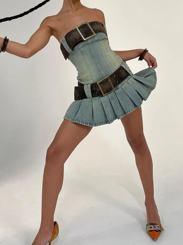 Belt Strapless Ruched Hem Denim Dress