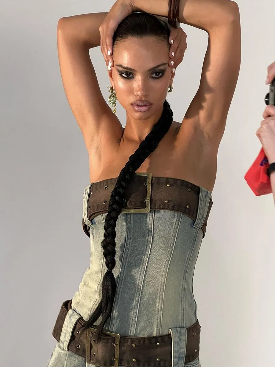 Belt Strapless Ruched Hem Denim Dress