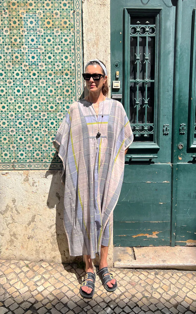 BIB FRONT CAFTAN - GREY / LAVENDER STRIPES