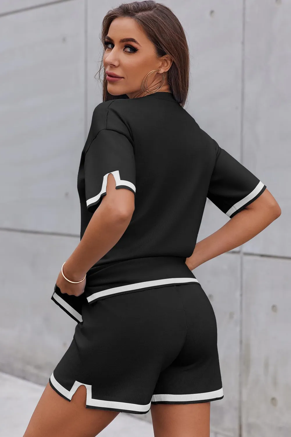 Black Contrast Trim Tee and Shorts Set