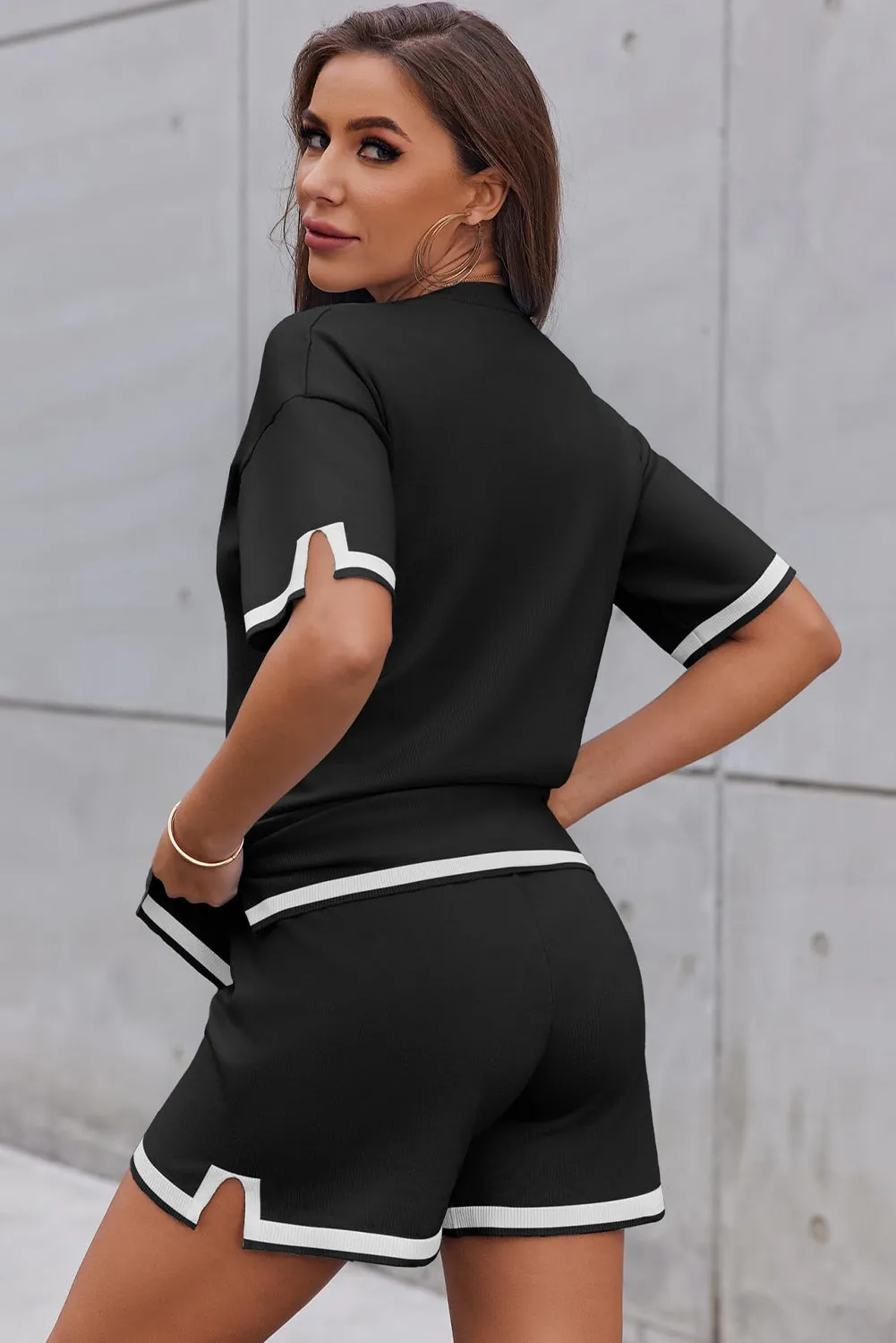 Black Contrast Trim Tee and Shorts Set