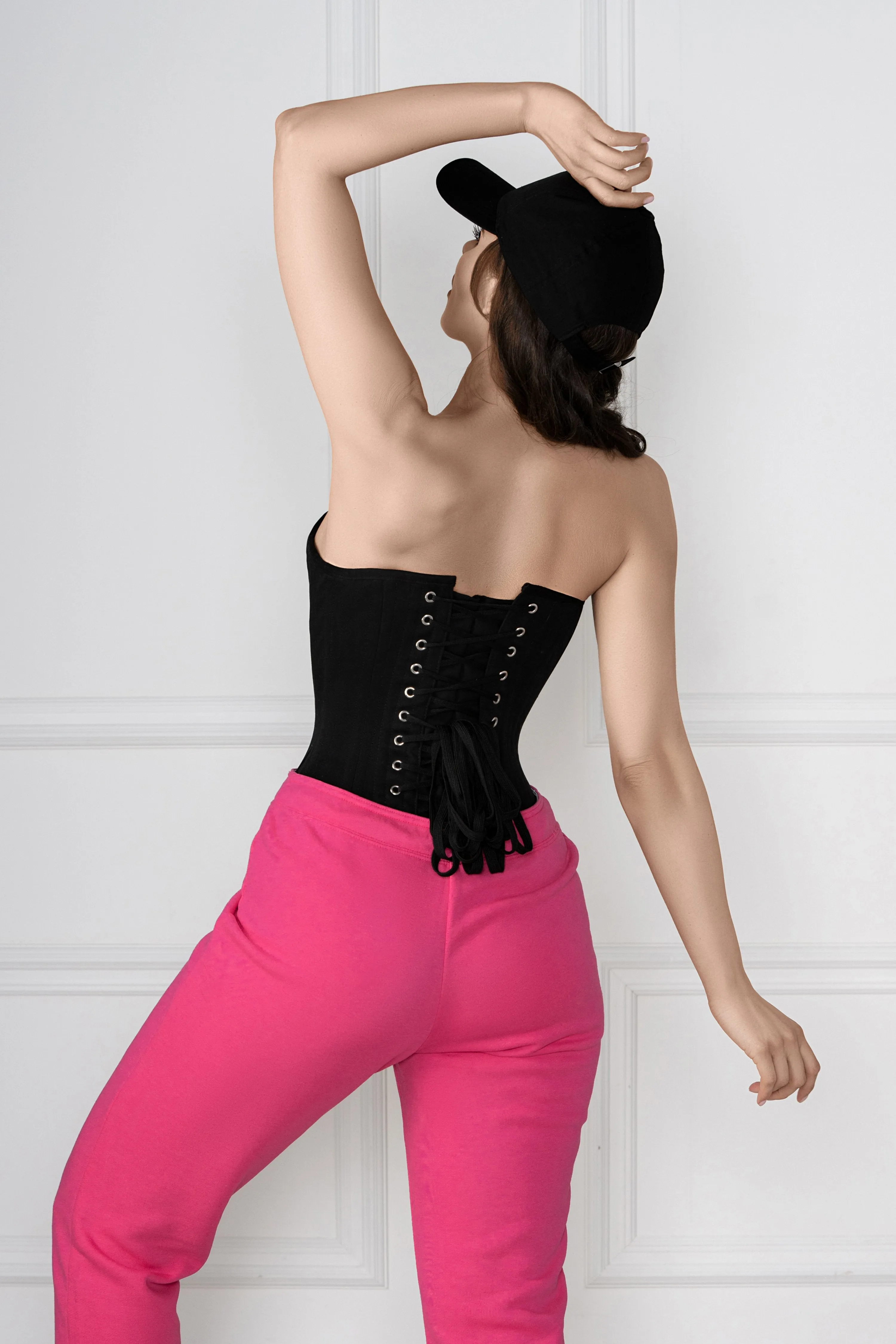 Black Cotton Twill Classic Overbust Waist Trainer With Hip Gores
