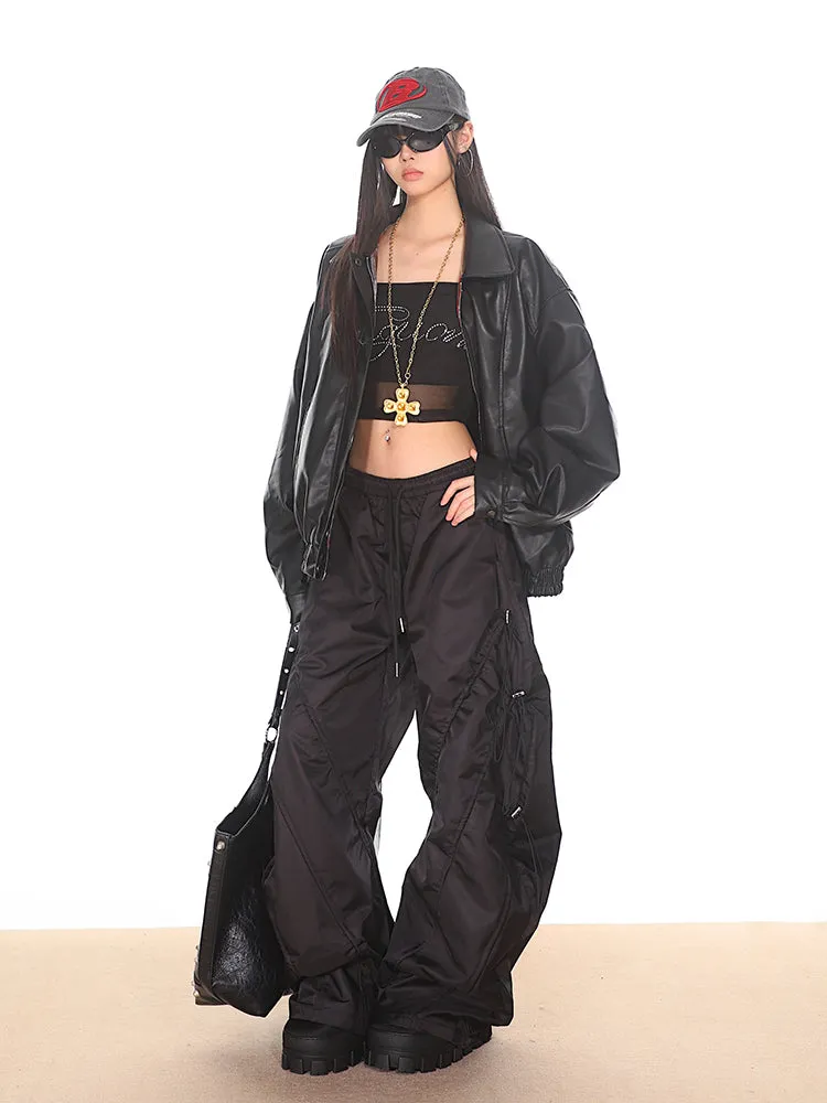 Black Drawstring Parachute Pants
