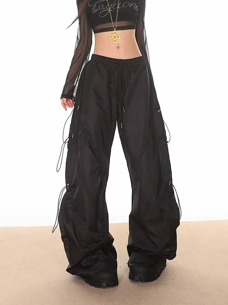 Black Drawstring Parachute Pants