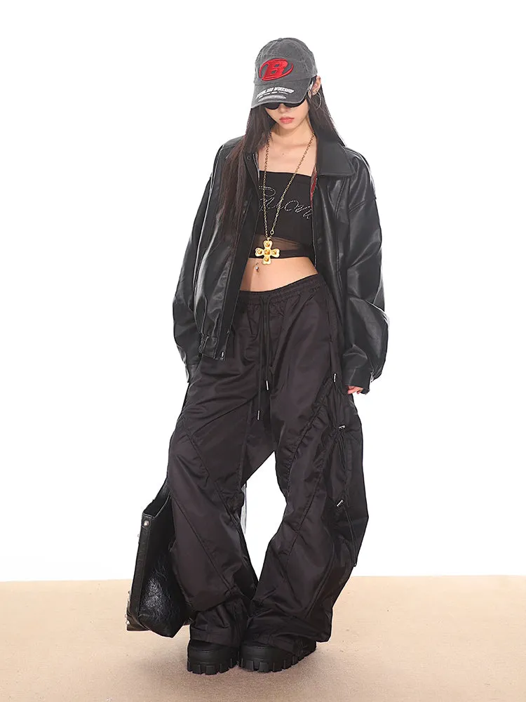 Black Drawstring Parachute Pants