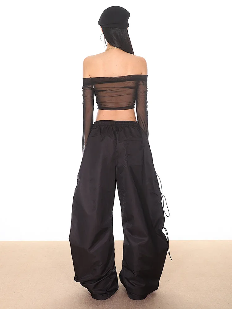 Black Drawstring Parachute Pants