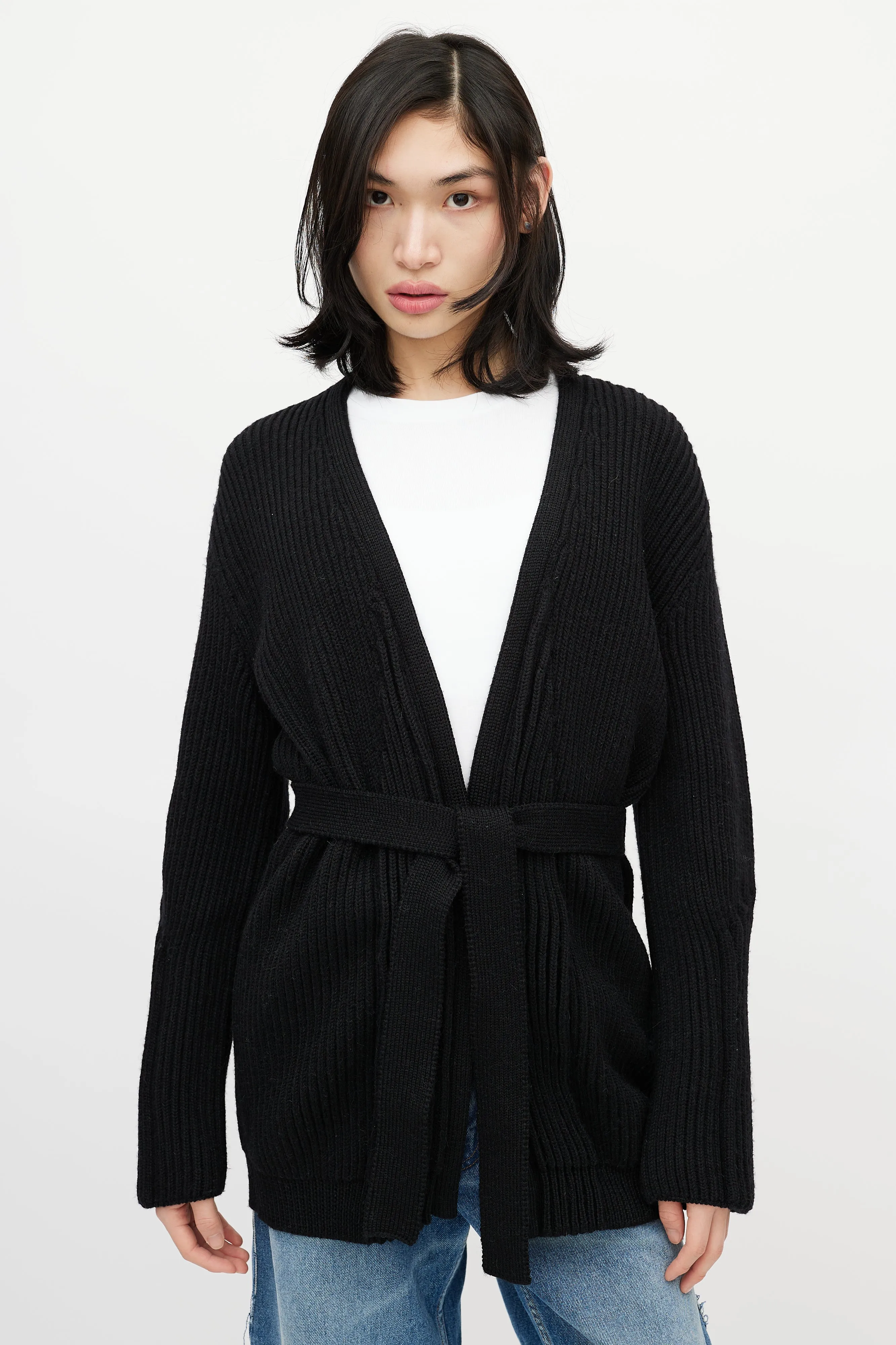 Black Ribbed Knit Belted Wrap Cardigan
