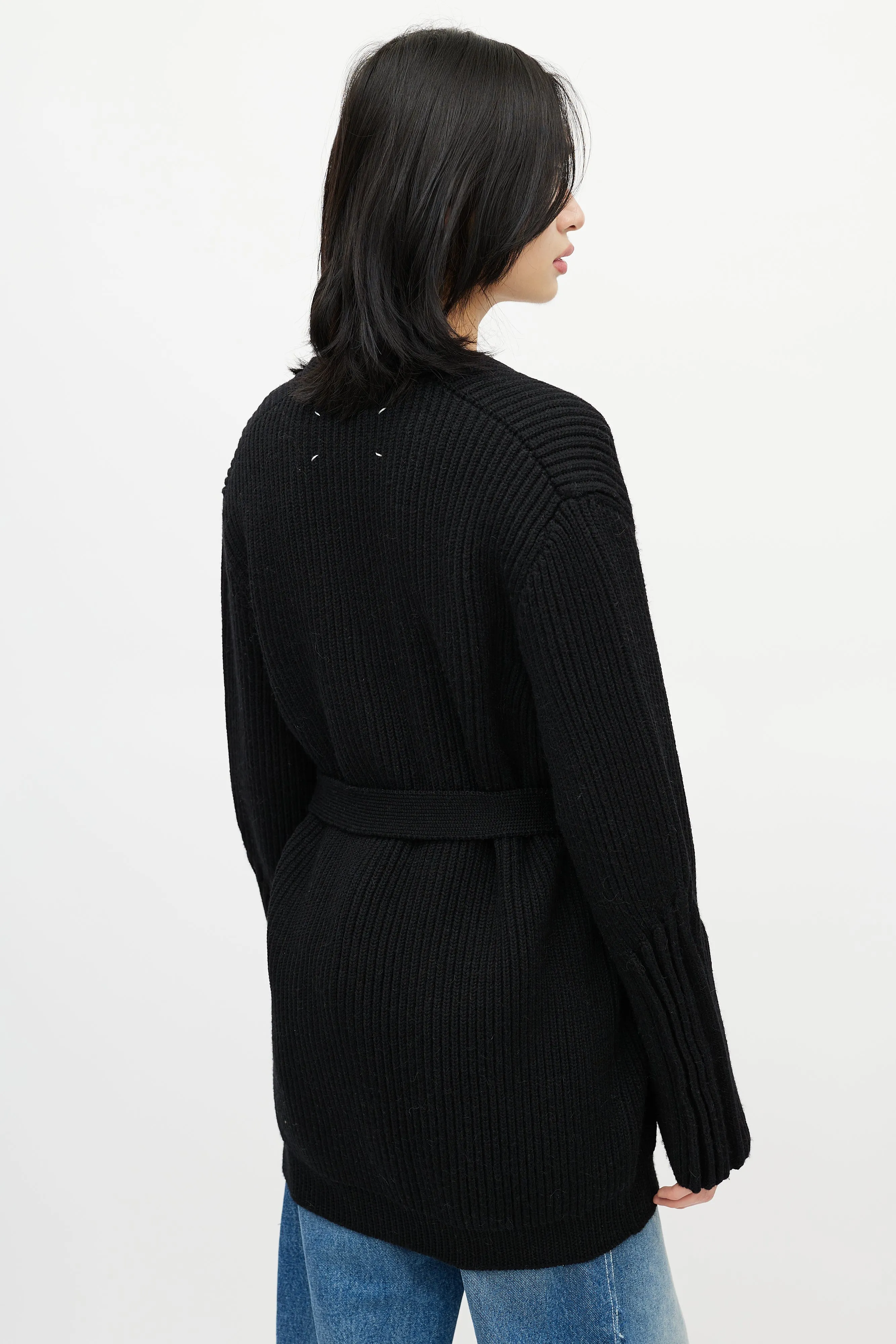 Black Ribbed Knit Belted Wrap Cardigan